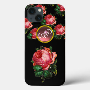 SCHÖNES PINK ROSE GEMSTONE MONOGRAMM, schwarz iPhone 13 Hülle