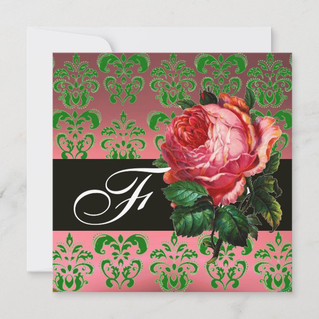 SCHÖNES PINK ROSE GREEN BLACK DAMASK MONOGRAMM EINLADUNG (Vorderseite)