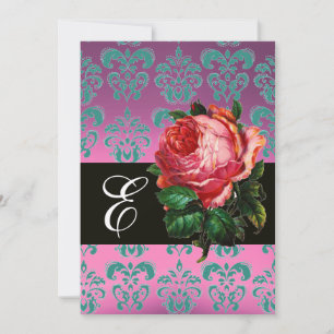 SCHÖNES PINK ROSE LILAC BLAUE DAMASK MONOGRAMM EINLADUNG
