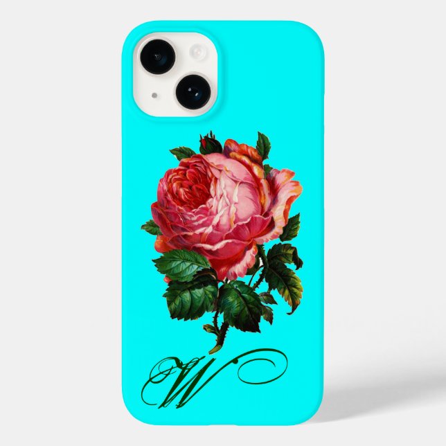 SCHÖNES PINK ROSE MONOGRAM, Aquamarines Aqua Blue Case-Mate iPhone Hülle (Rückseite)