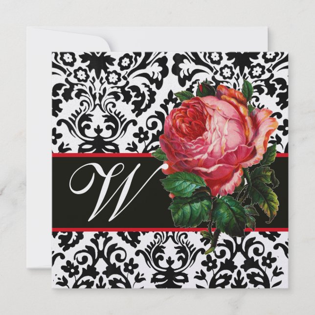 SCHÖNES PINK ROSE SCHWARZ-WEISS DAMASK MONOGRAMM EINLADUNG (Vorderseite)
