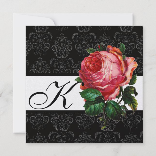 SCHÖNES PINK ROSE SCHWARZ-WEISS DAMASK MONOGRAMM EINLADUNG (Vorderseite)