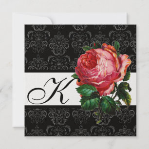 SCHÖNES PINK ROSE SCHWARZ-WEISS DAMASK MONOGRAMM EINLADUNG