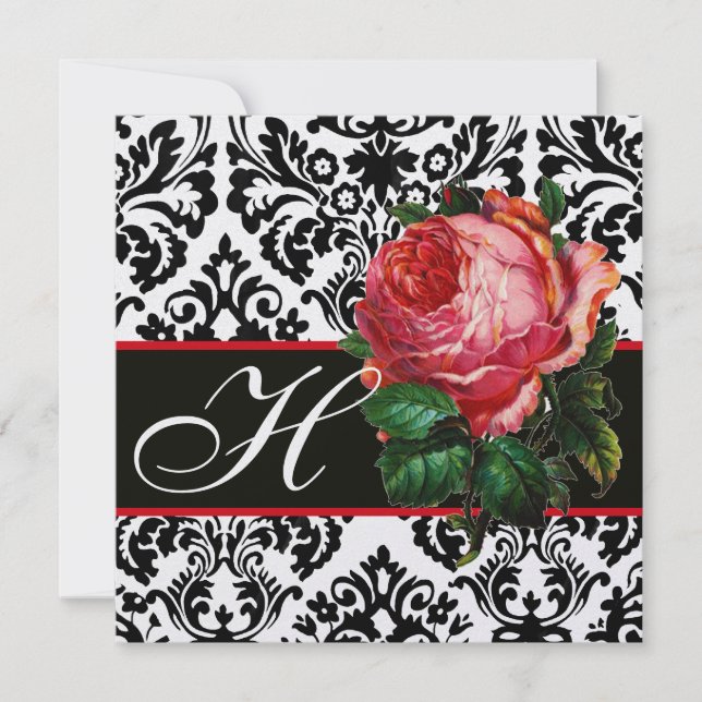 SCHÖNES PINK ROSE SCHWARZ-WEISS DAMASK MONOGRAMM EINLADUNG (Vorderseite)