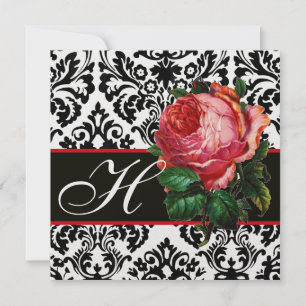 SCHÖNES PINK ROSE SCHWARZ-WEISS DAMASK MONOGRAMM EINLADUNG