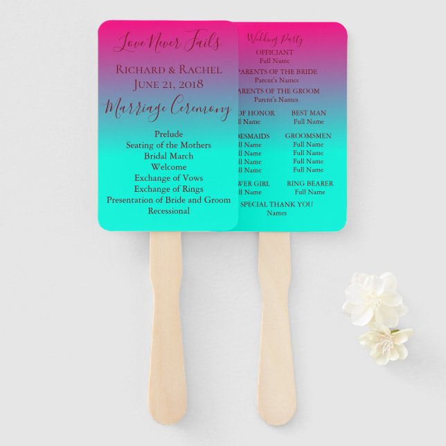 Schönes Pink und Blue Ombre Hochzeitsprogramm Fächer (Vorne und Hinten)