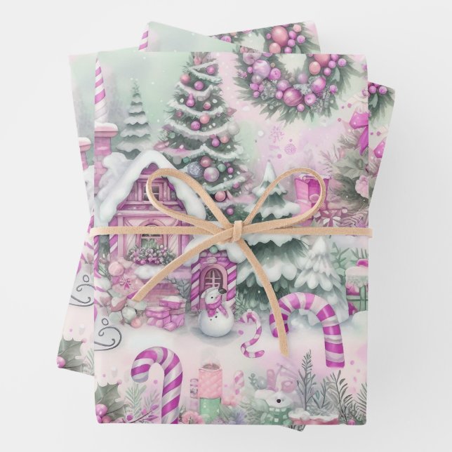 Schönes Pink Weihnachtsdorf Geschenk Geschenkpapier Set (Beispiel)