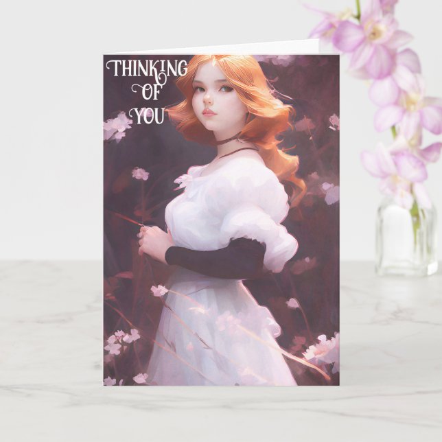 Schönes Porträt junger Mädchen unter rosa Blume Karte (Orchidee)