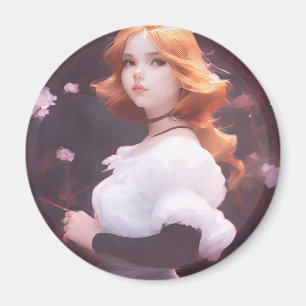 Schönes Porträt junger Mädchen unter rosa Blume Magnet