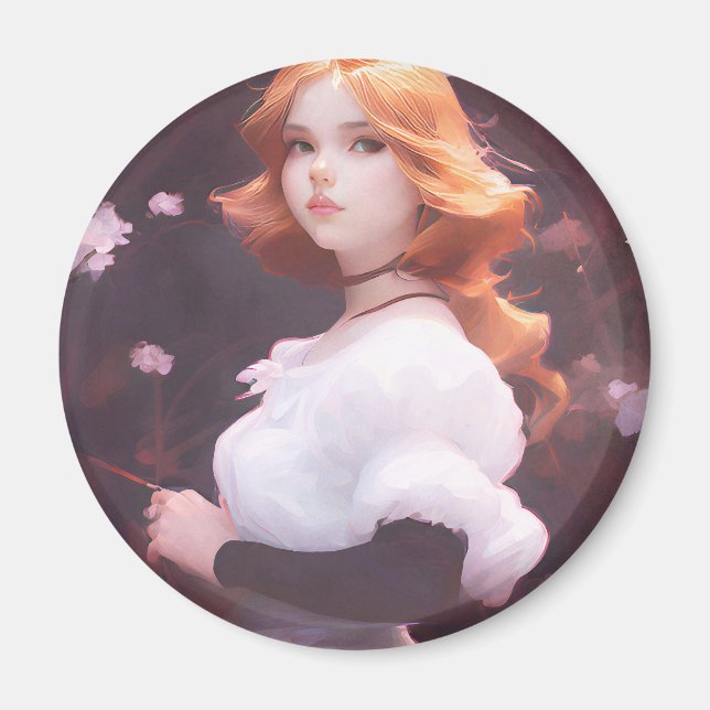 Schönes Porträt junger Mädchen unter rosa Blume Magnet (Vorne)