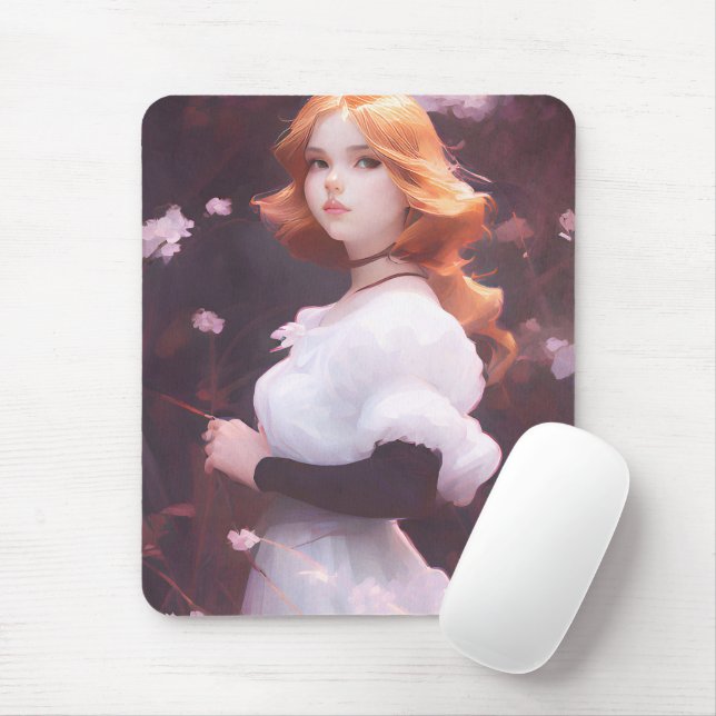 Schönes Porträt junger Mädchen unter rosa Blume Mousepad (Mit Mouse)