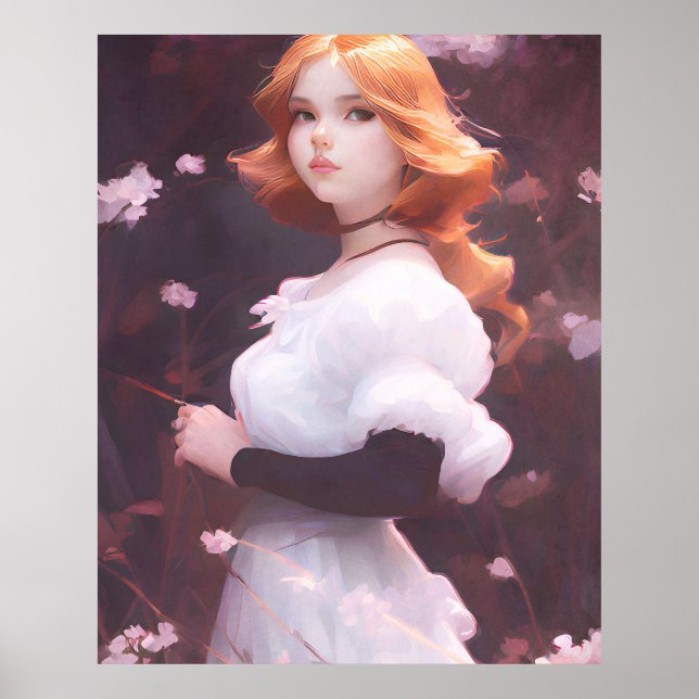 Schönes Porträt junger Mädchen unter rosa Blume Poster (Vorne)