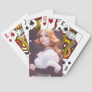 Schönes Porträt junger Mädchen unter rosa Blume Spielkarten