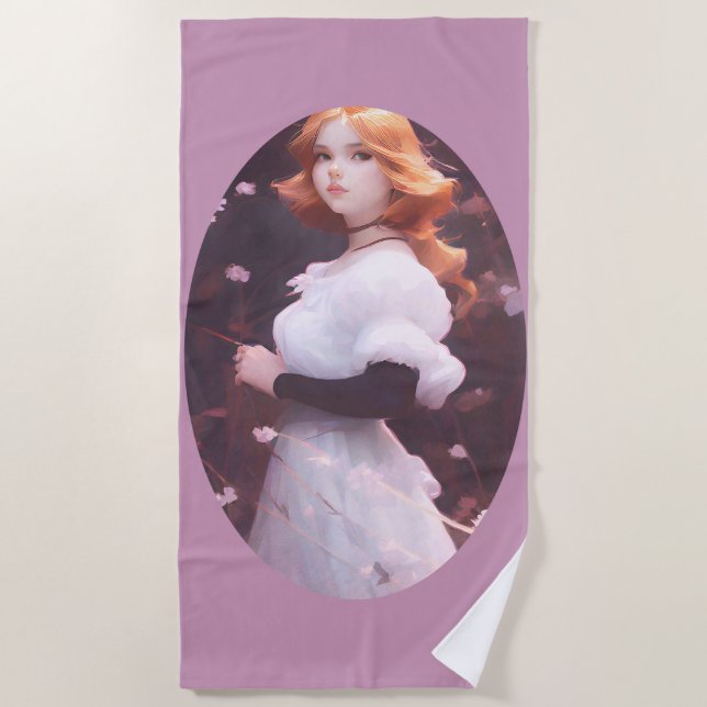 Schönes Porträt junger Mädchen unter rosa Blume Strandtuch (Vorderseite)