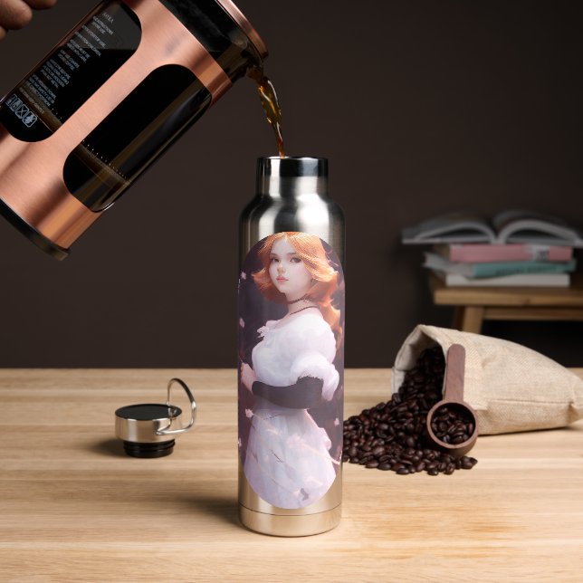 Schönes Porträt junger Mädchen unter rosa Blume Trinkflasche (Kaffee)