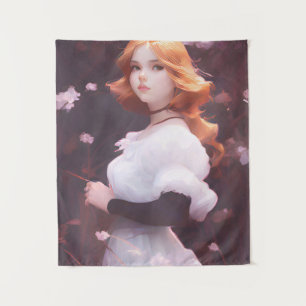 Schönes Porträt junger Mädchen unter rosa Blume Wandteppich