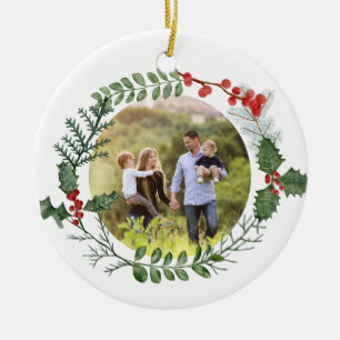 Schönes Red & Green Watercolor Weihnachts-Foto Keramik Ornament