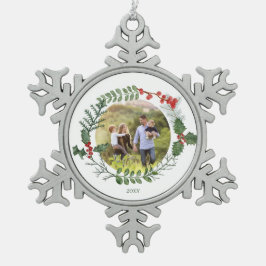 Schönes Red & Green Watercolor Weihnachts-Foto Schneeflocken Zinn-Ornament