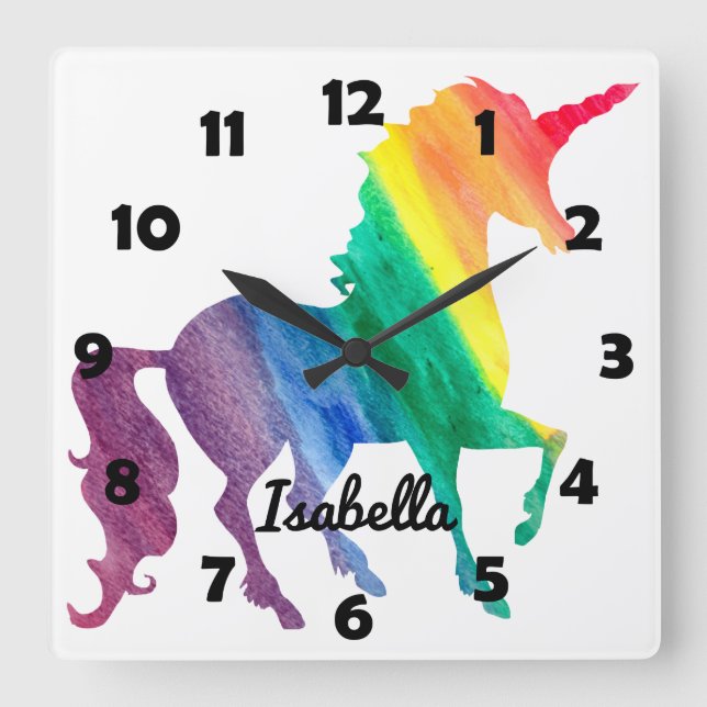 Schönes Regenbogen Einhorn Personalisiert Kinder G Quadratische Wanduhr (Vorderseite)