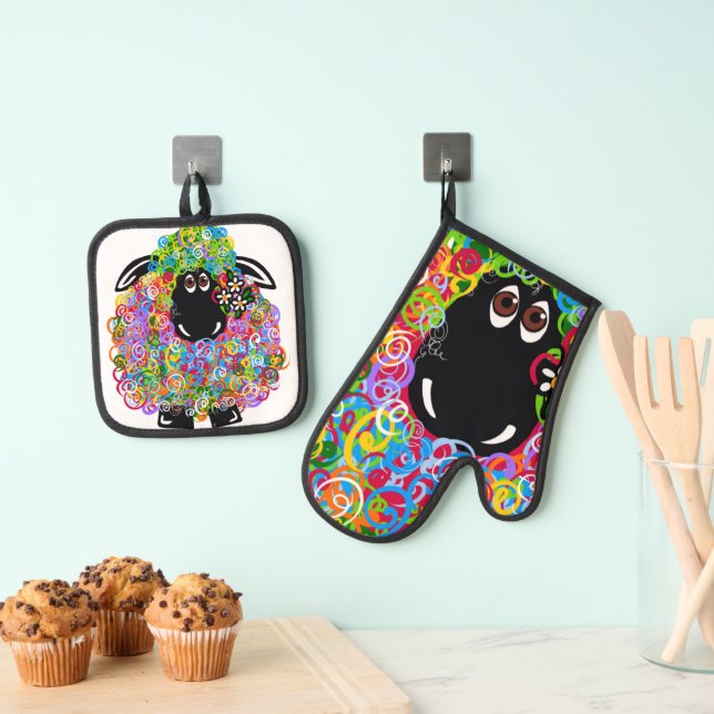 Schönes Regenbogenschaf der Familie Ofenhandschuh & Topflappen-Set (Insitu (Hängend))