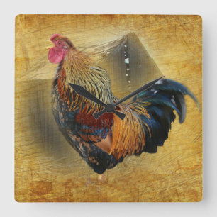 Schönes Rooster und Rustikales Hühnermoop Quadratische Wanduhr
