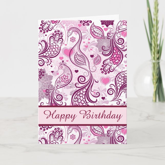 Schönes Rosa Bird Design Happy Birthday Karte (Vorderseite)