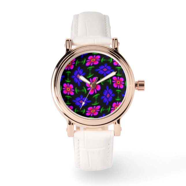 Schönes rosa Blume Muster Armbanduhr (Vorderseite)