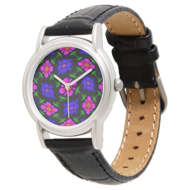 Schönes rosa Blume Muster Armbanduhr (Schrägansicht)