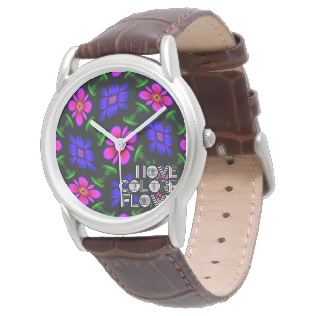 Schönes rosa Blume Muster Armbanduhr (Schrägansicht)