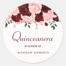 Schönes Rosa Burgund Bloral Quinceanera Runder Aufkleber