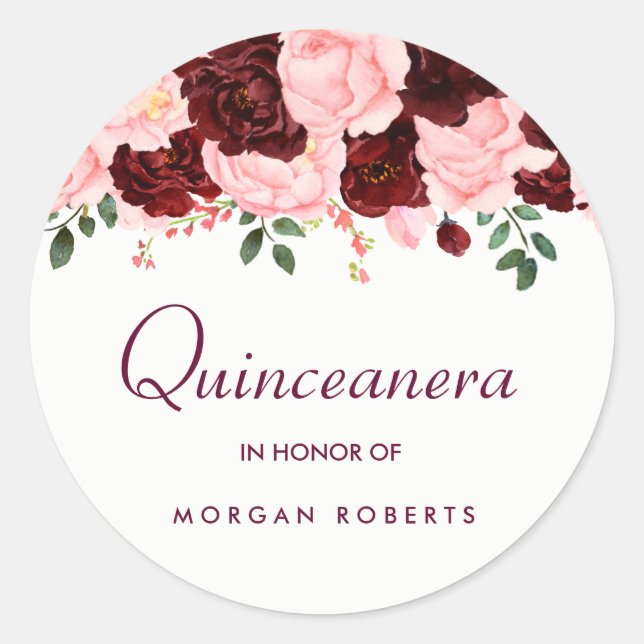Schönes Rosa Burgund Bloral Quinceanera Runder Aufkleber (Vorderseite)