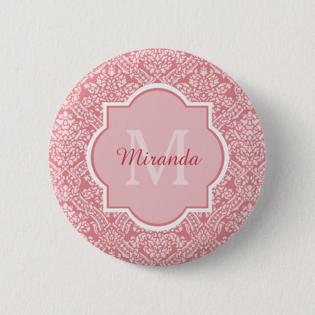 Schönes rosa Damastmuster-Monogramm mit Namen Button (Vorderseite)