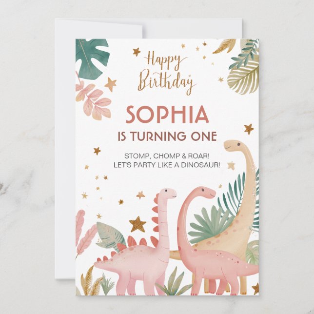 Schönes rosa Dino Einladung (Vorderseite)