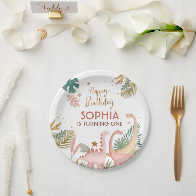 Schönes rosa Dino Pappteller (Hochzeit)