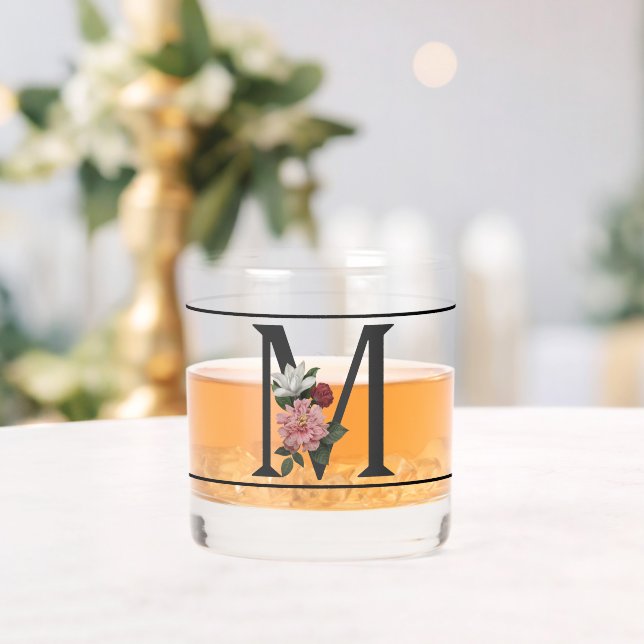 Schönes rosa, floralfarbenes Schwarzes Monogramm m Whiskyglas (Insitu (Hochzeit))