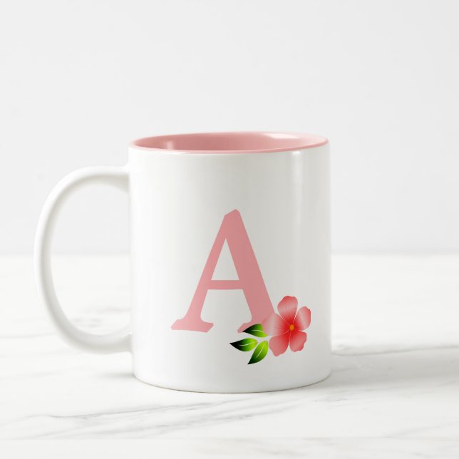 Schönes rosa Monogramm mit weißer Blume Zweifarbige Tasse (Links)