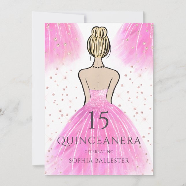 Schönes rosa Prinzesskleid Quinceanera Party Einladung (Vorderseite)