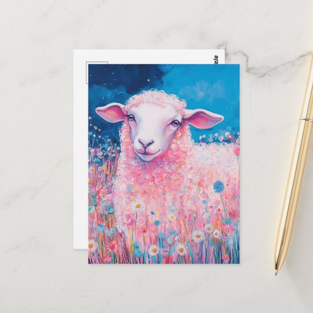 Schönes rosa Schaf in den Blume Postkarte (Vorderseite/Rückseite Beispiel)