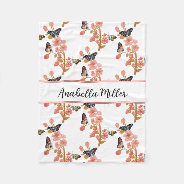Schönes rosa Schmetterlingsmuster Kinder Name Fleecedecke (Vorderseite)
