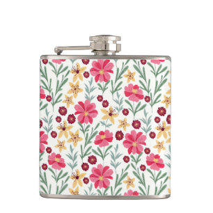 Schönes rosa und gelbes vintage Blumenmuster Flachmann