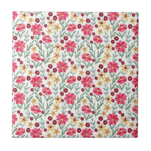 Schönes rosa und gelbes vintage Blumenmuster Fliese