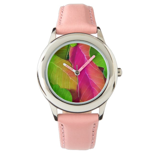 Schönes rosa und grüne Blattmuster Armbanduhr (Vorderseite)