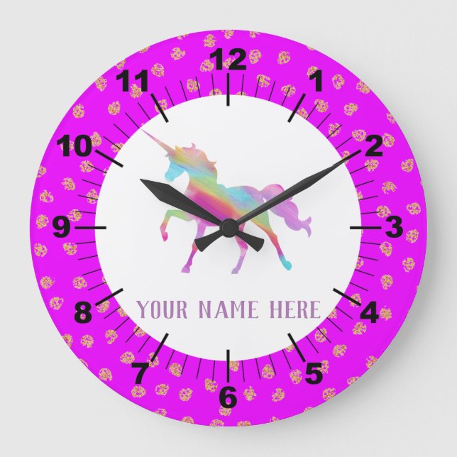 Schönes Rosa und Lila Einhorn Große Wanduhr (Vorderseite)