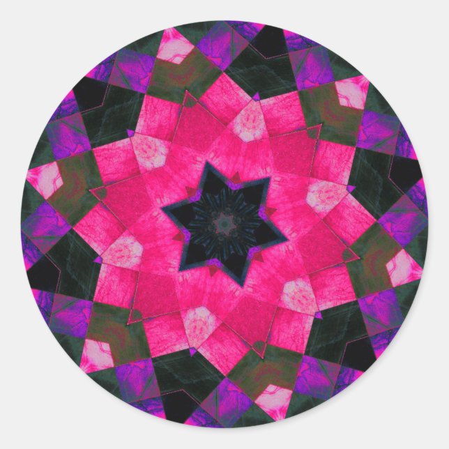 Schönes Rosa und Lila Kaleidoskop Star Runder Aufkleber (Vorderseite)