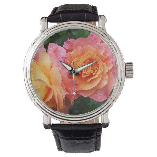 Schönes rosa und orange Rose Foto Armbanduhr (Vorderseite)