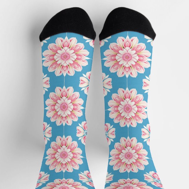 Schönes Rosa und Weiße Flora Mandala Socken (Oben)