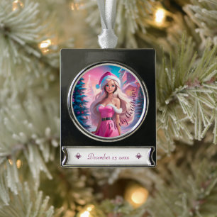 Schönes rosa Weihnachtsmädchen 01 Banner-Ornament Silber