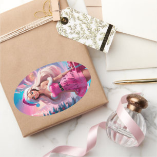 Schönes rosa Weihnachtsmädchen 01 Ovaler Aufkleber