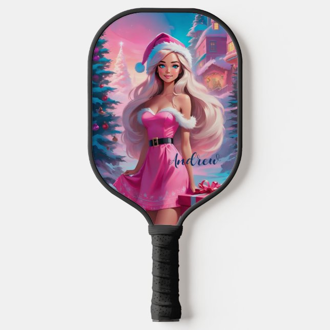 Schönes rosa Weihnachtsmädchen 01 Pickleball Schläger (Vorderseite)