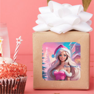 Schönes rosa Weihnachtsmädchen 01 Quadratischer Aufkleber